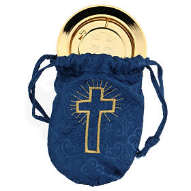 Pyx set with blue damask bag, IHS symbol