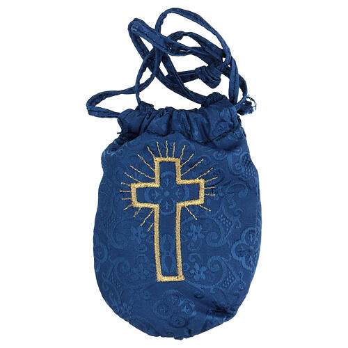 Pyx set with blue damask bag, IHS symbol 6