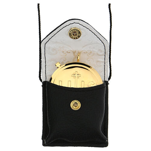 Bolso para viático relicario IHS latón dorado 24k cuero negro 1