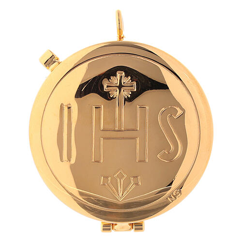 Pyx in 24K golden brass with red leather case, IHS symbol 2