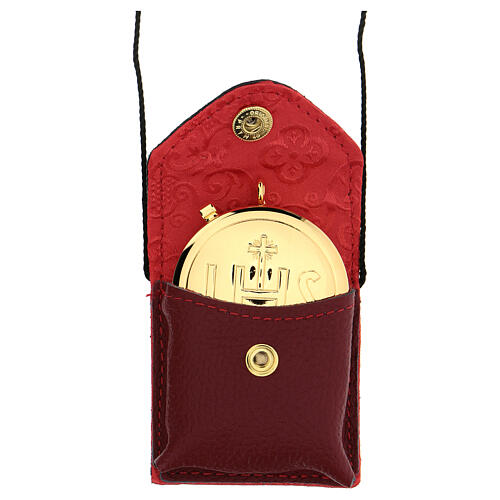 Estojo para viático couro vermelho com caixa de hóstias IHS latão dourado 24k 1