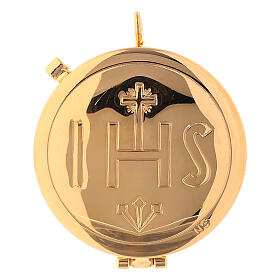 Pyx in 24K golden brass with blue leather case, IHS symbol