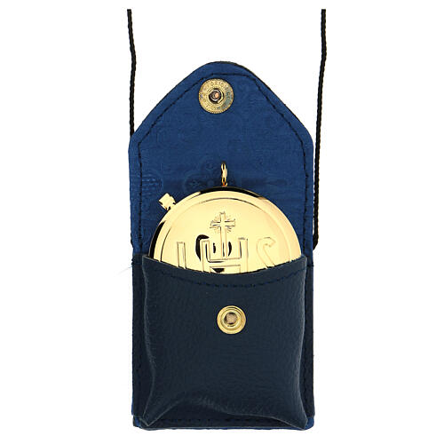 Pyx in 24K golden brass with blue leather case, IHS symbol 1