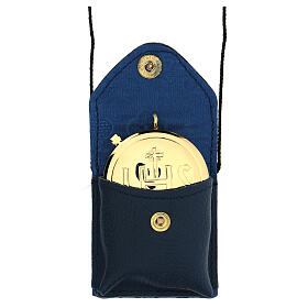 Blue leather burse with IHS pyx of 24-karat gold plated brass