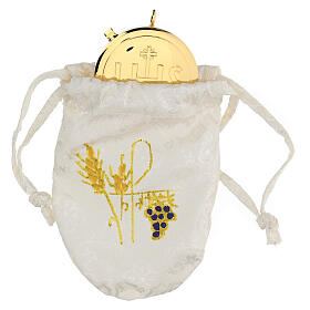 Pyx with white damask bag with Chi-Rho symbol and grapes