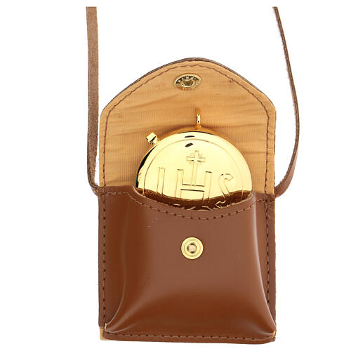 Pyx with brown leather case, IHS symbol 1