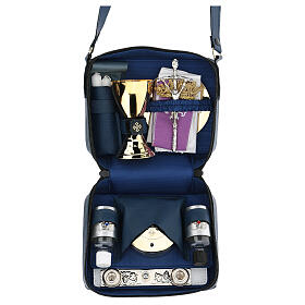 Mass kit with bag in blue leather, shoulder strap