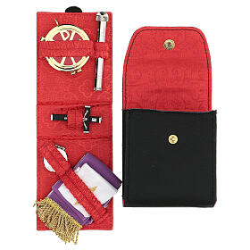 Eucharist set with case in black leather, lined with red jacquard fabric