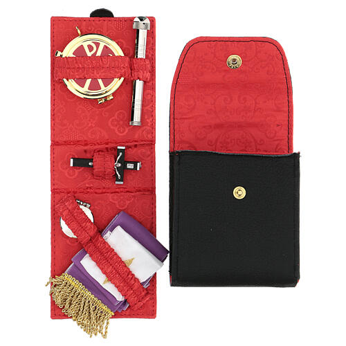 Eucharist set with case in black leather, lined with red jacquard fabric 1