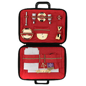 Mass kit computer bag with pyx, lined with red jacquard fabric