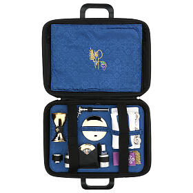 Verseh- und Computertasche, Inneneinteilung mit blauem Moiré-Stoff bezogen