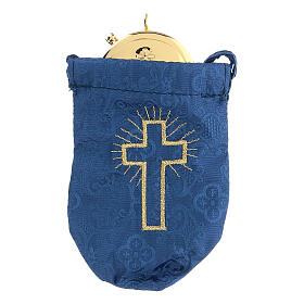 Bolsa para viático tecido moiré azul cruz com caixa de hóstias 8 cm