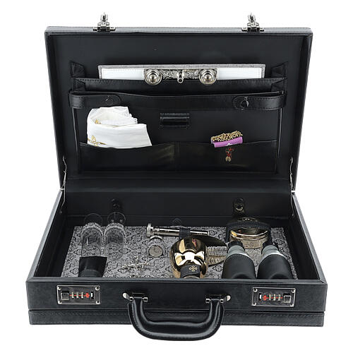 Black briefcase with grey fabric lining and travel mass kit 1