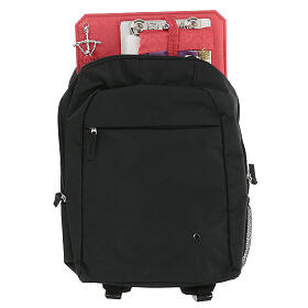 Technical textile backpack with red Jacquard lining and travel mass kit