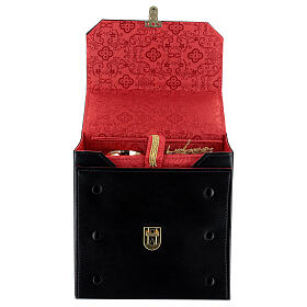 Travel communion set bag in eco black leather and red jacquard 20x20x10 cm