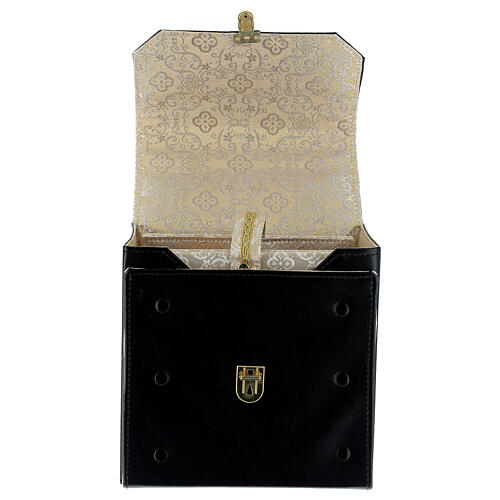 Black leather case, golden jacquard lining and travel mass kit, 20x20x10 cm 2