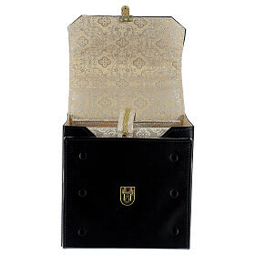 Portable communion set in genuine black leather and golden jacquard 20x20x10 cm