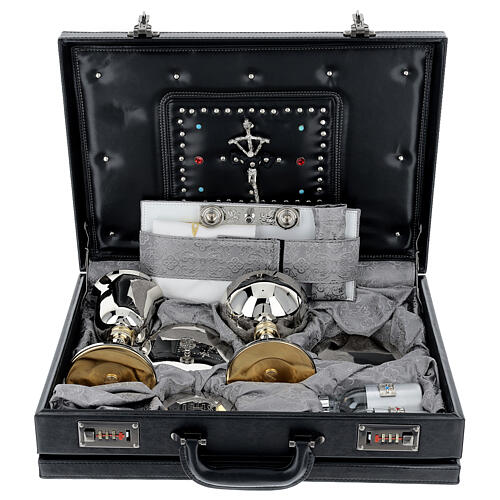 Mass kit briefcase in leather and gray fabric 45x30x10 cm 1