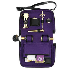 Shoulder bag of real leather and purple jacquard, travel mass kit, 25x20x10 cm