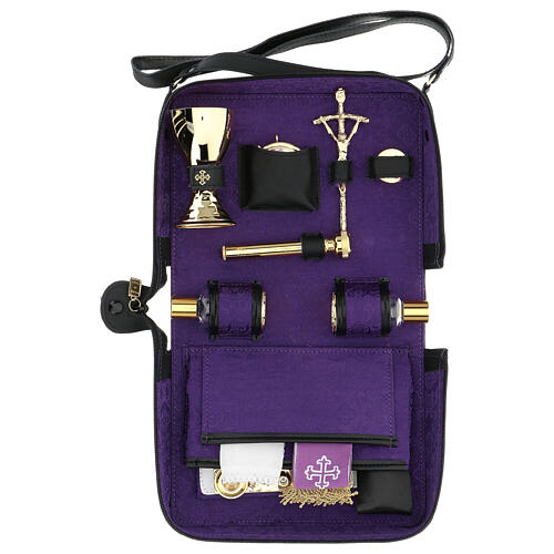 Shoulder bag of real leather and purple jacquard, travel mass kit, 25x20x10 cm 1