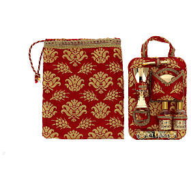 Travel mass kit bag of red brocade, 30x35x10 cm