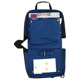 Shoulder bag, leather and blue jacquard fabric, travel mass kit, 30x25x10 cm