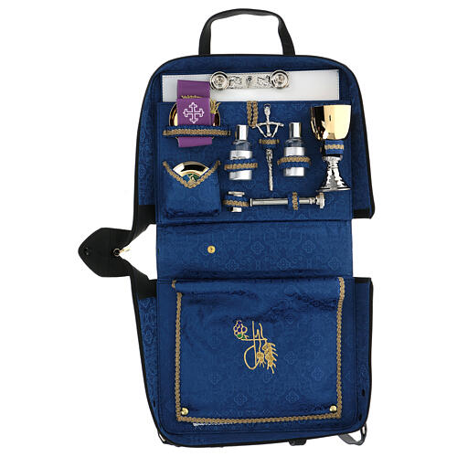 Shoulder bag, leather and blue jacquard fabric, travel mass kit, 30x25x10 cm 1