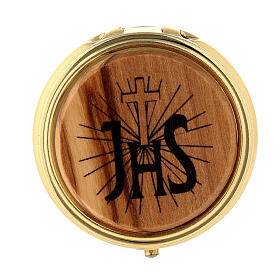 Pyx for consecrated hosts of 2 in diameter, JHS on olivewood plate
