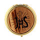 Pyx for consecrated hosts of 2 in diameter, JHS on olivewood plate s1