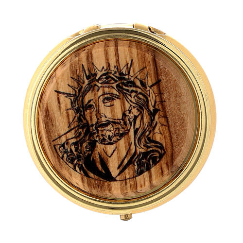 Pyx for consecrated hosts of 2 in diameter, Ecce Homo on olivewood plate 1