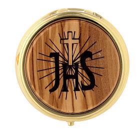 Pyx for hosts of 2.2 in diameter, JHS, olivewood plate