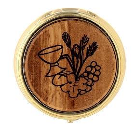 Pyx for hosts of 2.2 in diameter, chalice, olivewood plate