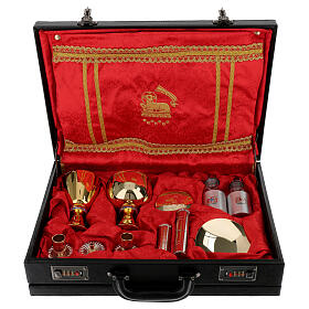 Travel mass kit suitcase with lambskin embroidery, red satin 24 hour black eco-leather