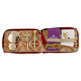 Calfskin travel pyx case with brocade lining, Alpha and Omega pattern, 3x5x0.6 in