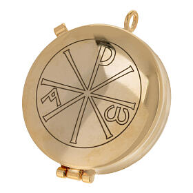 Calfskin travel pyx case with brocade lining, Alpha and Omega pattern, 3x5x0.6 in