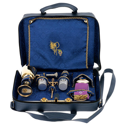 Borsa celebrazione pelle blu interno kit ottone dorato 25x30x10 cm 1