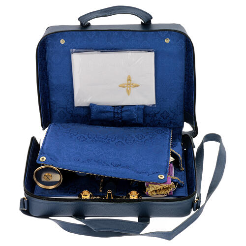 Borsa celebrazione pelle blu interno kit ottone dorato 25x30x10 cm 4