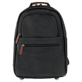 Black faux leather backpack with yellow interior for celebration kit, 16x12 in