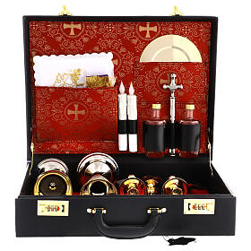 Church mass kit suitcase in genuine leather with red satin lining