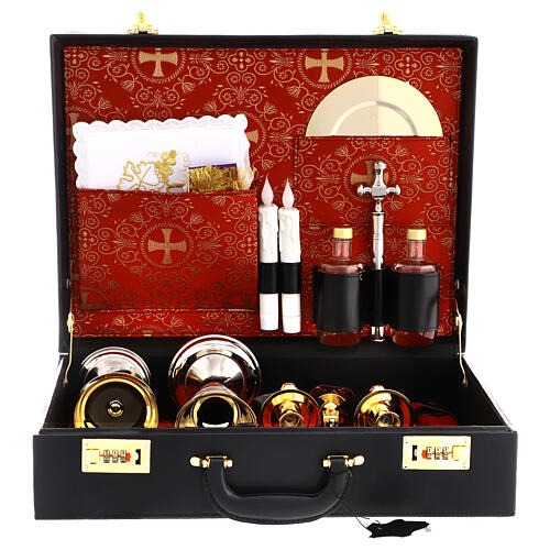 Church mass kit suitcase in genuine leather with red satin lining 1