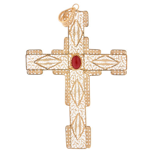 Pectoral Cross in golden silver filigree with coral stone 1