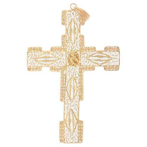 Pectoral Cross in golden silver filigree with coral stone 3
