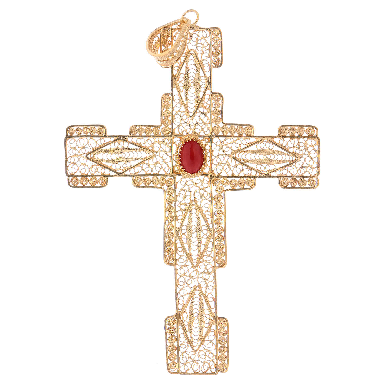 Croce pettorale filigrana argento 800 dorato corallo 3