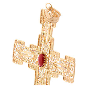 Pectoral Cross in golden silver filigree with coral stone