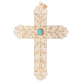 Pectoral Cross, golden silver 800 filigree with Turchese