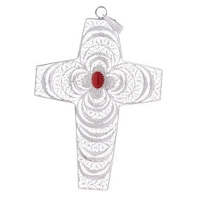 Pectoral Cross in silver 800 filigree with coral stone