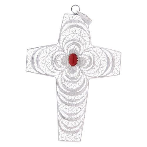 Pectoral Cross in silver 800 filigree with coral stone 1
