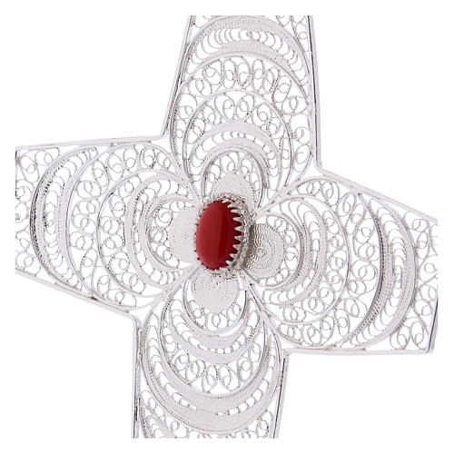 Pectoral Cross in silver 800 filigree with coral stone 2