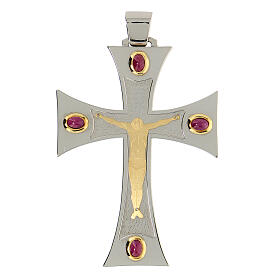 Pectoral cross in sterling silver, 18Kt gold, rubies