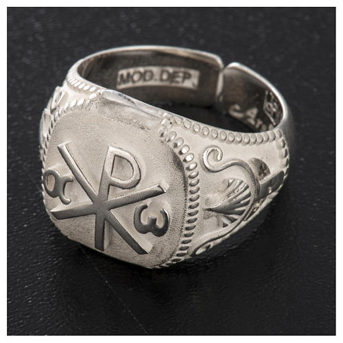 Bishop's ring, adjustable in sterling silver, "Chi-rho, Alpha Om 2